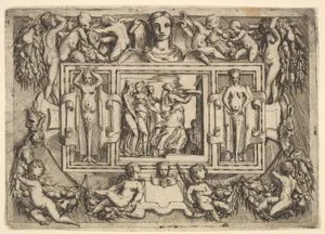 The Cumeaean sibyl walking to the right and carrying a tray, followed by three women, set within an elaborate frame