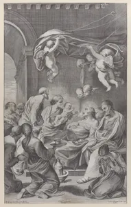 The death of Saint Anne with various family members surrounding her and angels overhead