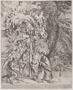 The dream of St Joseph, who is sleeping at the right, the Virgin and Child by a cross surrounded by angels and many putti and with God the Father above