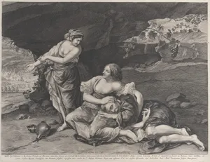 The drunkenness of Lot, who is asleep on his daughter's lap at center, while his other daughter points towards the burning city of Sodom at left