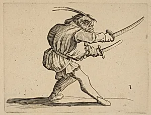 The Duelliste aux Deux Sabres (The Duelist with Two Sabres), from Varie Figure Gobbi, suite appelée aussi Les Bossus, Les Pygmées, Les Nains Grotesques (Various Hunchbacked Figures, The Hunchbacks, The Pygmes, The Grotesque Dwarfs) by Jacques Callot
