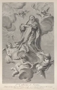 The Ecstasy of Saint Catherine of Siena, kneeling on a cloud carried by angels, one of whom holds a lily