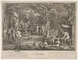The Education (L'Education): in a forest, to right an old satyr instructor holding a wand, teaching a group of children, to the left a merchant of orvietan trying to attract spectators with his act, from 'The lives of satyrs' (La vie des satyres)