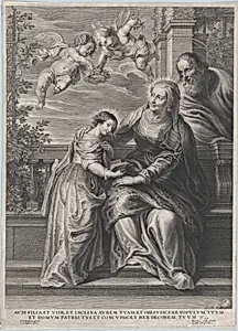 The education of the Virgin, with Saint Anne and the Virgin Mary reading with two putti overhead and Saint Joachim behind them at right by Schelte Adams à Bolswert|Martinus van den Enden|Peter Paul Rubens