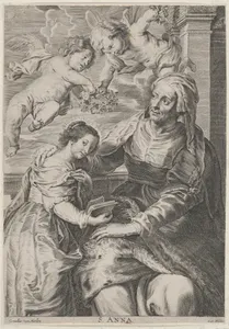 The education of the Virgin, with Saint Anne and the Virgin Mary reading with two putti overhead and Saint Joachim behind them at left