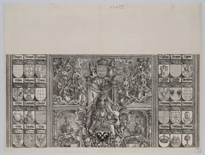 The Emperor Seated on His Throne, Seated Between Joanna of Castile and Mary of Burgundy, Above Are Twenty-two Winged Victories; with Coats of Arms of Maximilian's Noble Relatives, from the Arch of Honor, proof, dated 1515, printed 1517-18