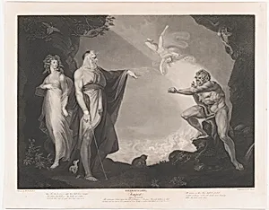 The Enchanted Island Before the Cell of Prospero - Prospero, Miranda, Caliban and Ariel (Shakespeare, The Tempest, Act 1, Scene 2) by Henry Fuseli|John & Josiah Boydell|Peter Simon|William Shakespeare|Shearjashub Spooner