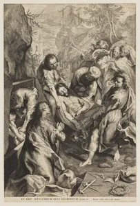 The Entombment of Christ, with the instruments of the passion in the foreground right and the three crosses in the background at top