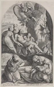 The Entombment, with Christ's body carried on a sheet at center, the three Maries in the foreground, and an angel overhead