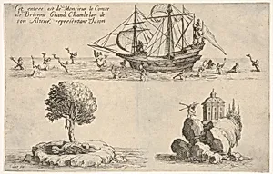 The entry of the Count of Brionne: in the upper image, the count stands on a shipdeck in the guise of Jason, with mermaids and tritons playing musical instruments in the water below; at lower left, the Golden Fleece hangs in a tree above a recumbent dragon; at lower right, a winged figure of Fame plays two trumpets from a rocky outcrop, from the series 'Le combat a la barrière' by Jacques Callot