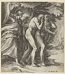The Expulsion from Paradise with an Angel wielding a sword behind Adam and Eve by Cherubino Alberti (Zaccaria Mattia)|Polidoro da Caravaggio