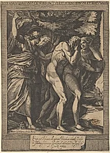 The Expulsion of Adam and Eve with an angel wielding a sword behind them by Cherubino Alberti (Zaccaria Mattia)|Antonio Caranzano|Polidoro da Caravaggio