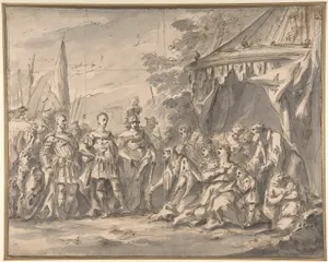 The Family of Darius before Alexander (recto); Sketch of a Horse-Drawn Cart, and Studies of Male Heads and an Infant (verso)