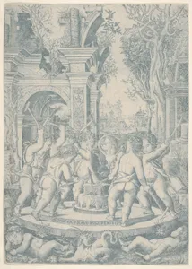 The fate of an evil tongue; seven putti stand around an anvil on which they hammer a tongue, landscape and architecture behind