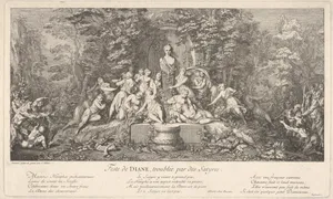 The festival of Diana, interrupted by satyrs (Feste de Diane, troublée par des Satyres): nymphs gathered around the bust of Diana in a stone niche at center, surprised by the arrival of satyrs from either side, from 'Les Bacchanales; Quatres Festes'