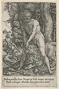 The Fight with the Nemean Lion, from The Labors of Hercules by Heinrich Aldegrever
