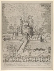 The firework display called 'Girandola' at the Castello Sant'Angelo in Rome, a nocturnal scene with fireworks issuing from the castle and a crowd of spectators in the foreground