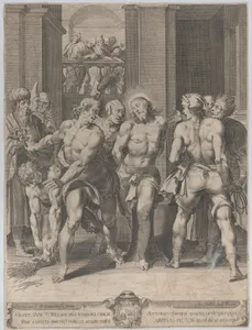 The Flagellation of Christ, with floggers on either side and figures watching from a balcony above in the background