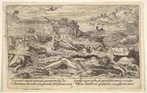 The Flood destroys life on earth: corpses of humans and animals adrift in the foreground, Noah's ark beyond and a flying dove holding a branch above, from "Liber Genesis"