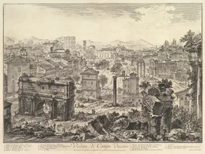 The Forum Romanum, or Campo Vaccino, from the Capitol, with the Arch of Septimius in the foreground left, Temple of Vespian right, and the Colosseum in the distance (Veduta di Campo Vaccino)