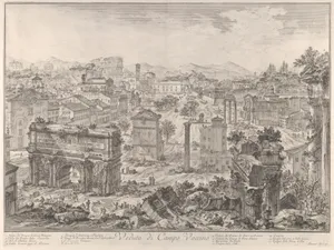 The Forum Romanum, or Campo Vaccino, from the capitol, with the Arch of Septimus Severus in the foreground left, Temple of Vespian right, and the Colosseum in the distance (Veduta di Campo Vaccino), from "Vedute di Roma"