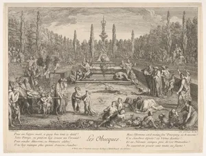 The Funeral (Les Obseques): various satyrs gathered in a clearing, funeral pyre to left, a freshly dug grave and a tomb decorated with satyr heads and antlers in center, upon which musicians are seated, from 'The lives of satyrs' (La vie des satyres)