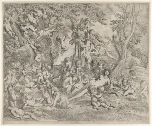 The Garden of Venus who reclines in the centre before a term of Pan and surrounded by cupids
