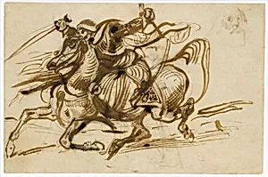 The Giaour on Horseback (recto); Study of a Woman with Head and Arms Thrown Back, and Study of the Head of an Old Man (verso). by Eugène Delacroix