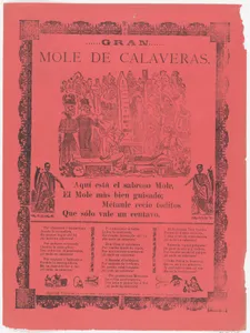 The grand skeleton mole, skeletons eating mole and drinking in a cemetery (Posada); flanked by skeletons holding scythes (Manilla)