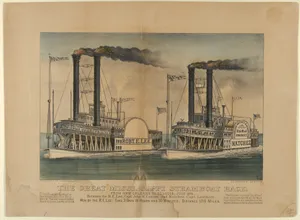 The Great Mississippi Steamboat Race–From New Orleans to St. Louis, July 1870–Between the R.E. Lee, Captain John W. Cannon and Natchez Captain Leathers–Won by the R.E. Lee, Time: 3 Days 18 Hours and 30 Minutes; Distance 1210 Miles.