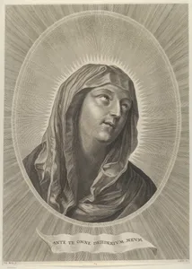 The head of the Virgin looking up to the right, in an oval frame, after Reni