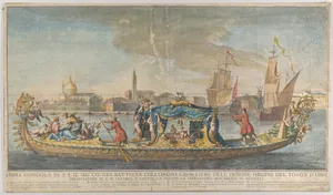 The highly ornamented first gondola of Ambassador Giovanni Battista Colloreado entering Venice