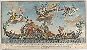The highly ornamented first gondola of Francesco Antonio Berka entering Venice, Gods on clouds in the sky by Johann Georg Wolfgang|Liberal Benaglia