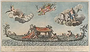 The highly ornamented second gondola of Francesco Antonio Berka entering Venice, Gods on clouds in the upper section by Liberal Benaglia|Johann Georg Wolfgang