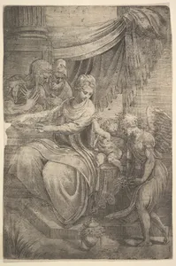 The Holy Family, an angel holding flowers approaching from the right