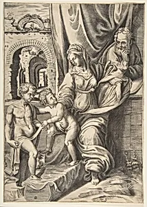 The Holy Family and the infant John the Baptist by Giulio Bonasone|Raphael (Raffaello Sanzio or Santi)