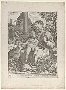 The Holy Family in Egypt, with Joseph as a carpenter in the background at left by Carlo Losi|Diana Scultori|Correggio (Antonio Allegri)