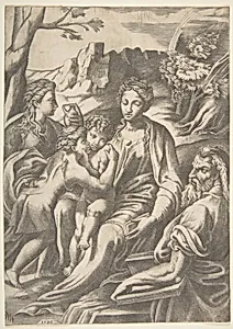 The Holy Family with Mary Magdalene and John the Baptist who embraces Christ by Giulio Bonasone|Parmigianino (Girolamo Francesco Maria Mazzola)