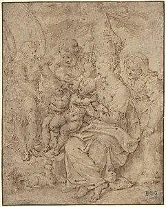The Holy Family with the Infant Baptist, Saint Elizabeth, and an Attendant Angel by Aurelio Luini