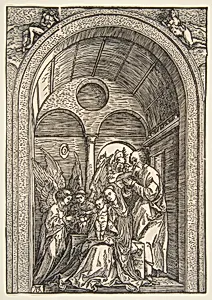 The Holy Family with Two Angels in a Vaulted Hall by Albrecht Dürer
