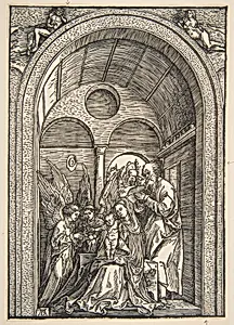 The Holy Family with Two Angels in a Vaulted Hall by Albrecht Dürer