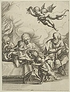 The Holy Family with young John the Baptist and Saint Elizabeth, two angels above, after Reni by Guido Reni|Anonymous, 17th century