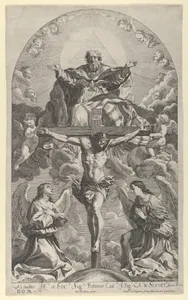 The Holy Trinity; Christ on the cross flanked by two angels, the Holy Spirit as a dove and God in heaven above the cross, a rectangular composition with half-circle at the top, after Reni by François Collignon|Guido Reni|Robert van Audenaerde