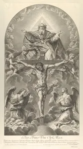 The Holy Trinity; Christ on the cross flanked by two angels, the Holy Spirit as a dove and God in heaven above the cross, a rectangular composition with half-circle at the top, after Reni
