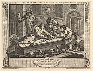 The Idle 'Prentice at Play in the Churchyard: Industry and Idleness, plate 3 by William Hogarth