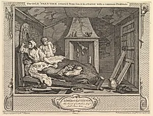 The Idle 'Prentice Returned from Sea and in a Garret with a Common Prostitute: Industry and Idleness, plate 7 by William Hogarth
