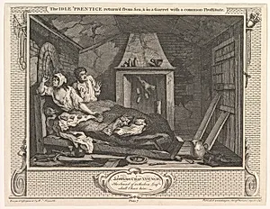 The Idle 'Prentice Returned from Sea and in a Garret with a Common Prostitute (Industry and Idleness, plate 7) by William Hogarth