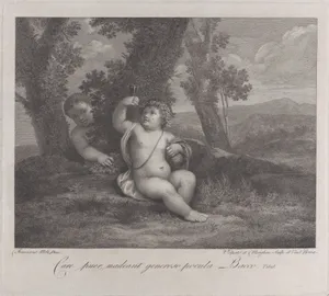 The infant Bacchus seated under a tree, holding up a wine glass, with another infant behind him at left