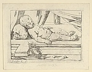 The infant Christ asleep on a cross, his head resting on a skull, a crown of thorns and nails in the foreground, after Reni by Anonymous, Italian, 17th century|Guido Reni