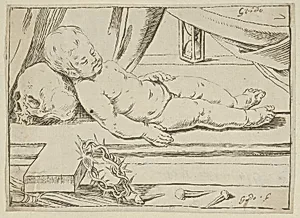 The infant Christ asleep on a cross, his head resting on a skull, a crown of thorns and nails in the foreground by Anonymous, Italian, 17th century|Guido Reni